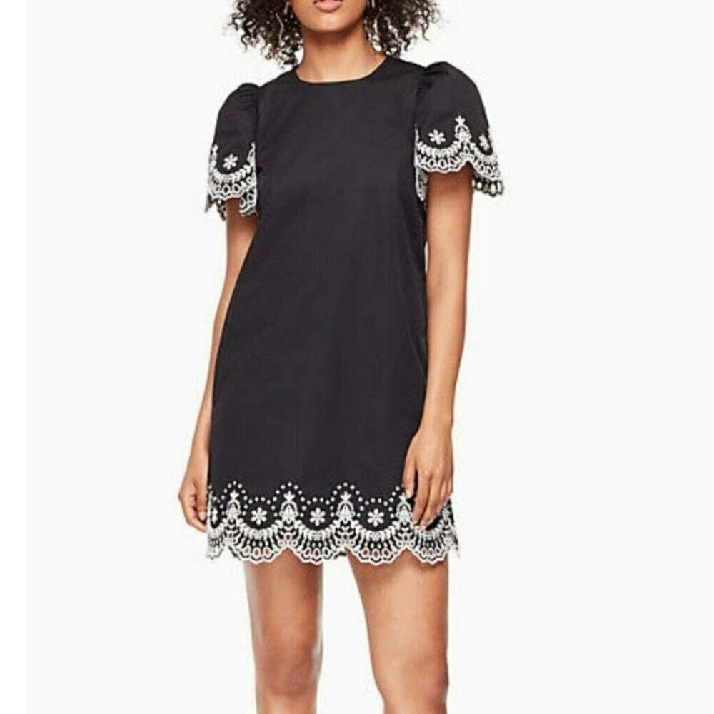 Kate Spade Black Floral Embroidered Cotton Shift Mini Dress Small Short Sleeve